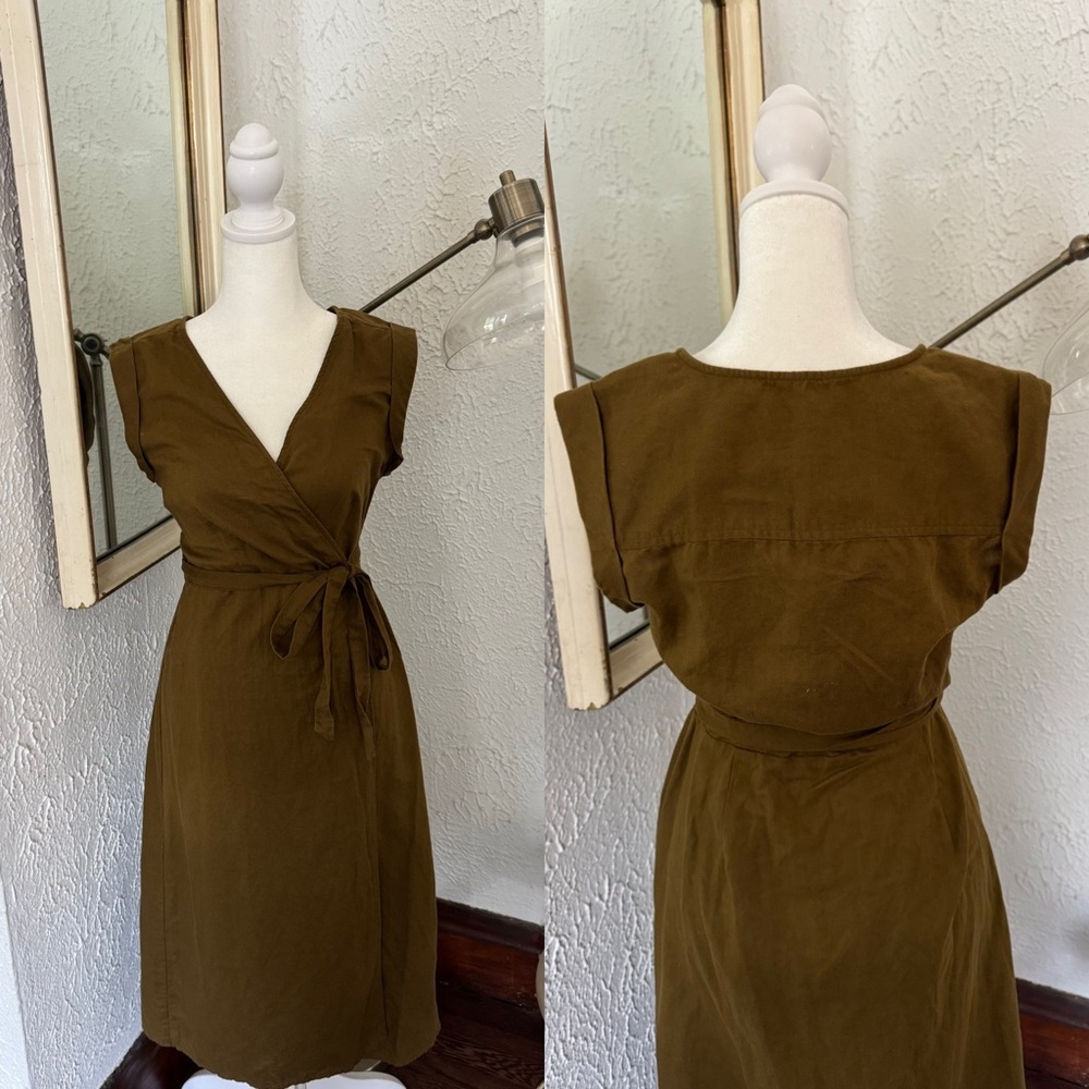 Banana Republic Women's 2 Green Linen-Cotton Sleeveless Wrap Dress Sleeveless